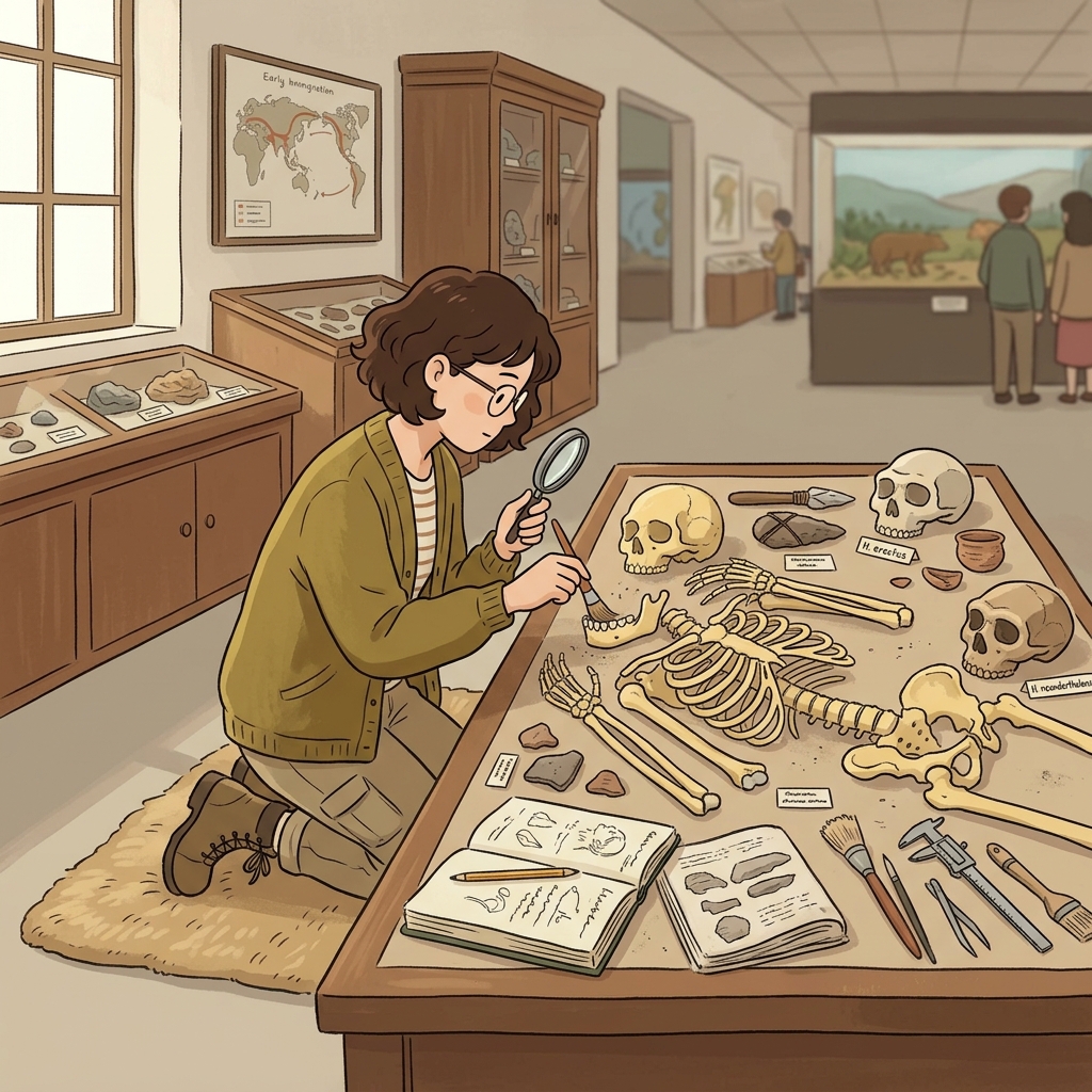 인류학자(anthropologist)는 박물관에서 고대 인류의 뼈를 자세히 연구했다. (anthropo(인간) + logist(연구하는 사람))