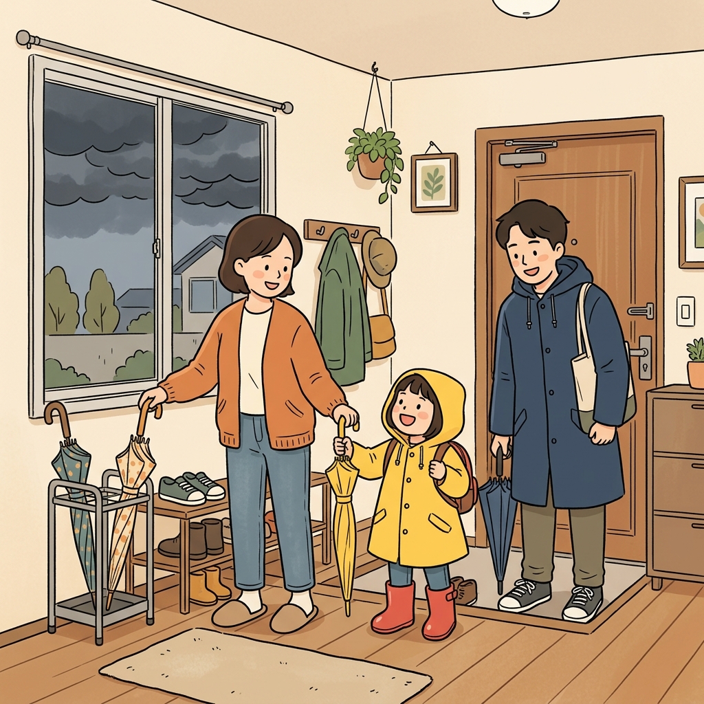 가족은 큰비를 예상하고 집을 나서기 전에 우산을 챙겼다. (앞(Anti)에서 기다리며 먼저 준비한다.)