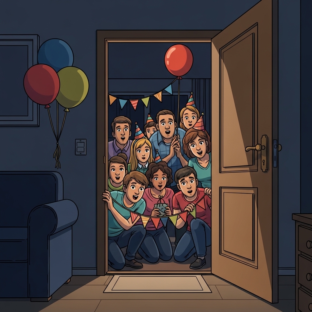 The friends quietly anticipated the birthday girl's arrival before jumping out to celebrate.