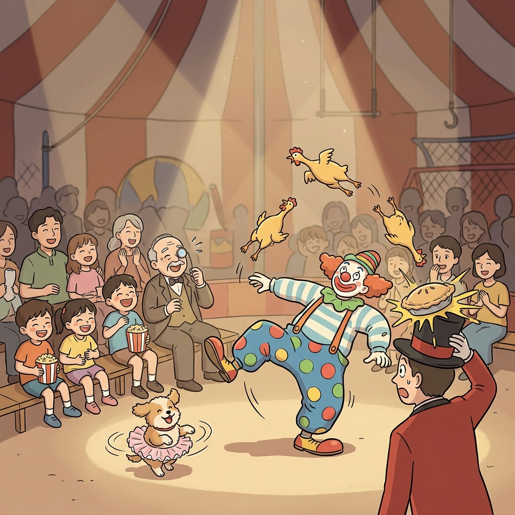 광대의 우스꽝스러운 짓에 서커스 천막이 웃음바다가 됐다.