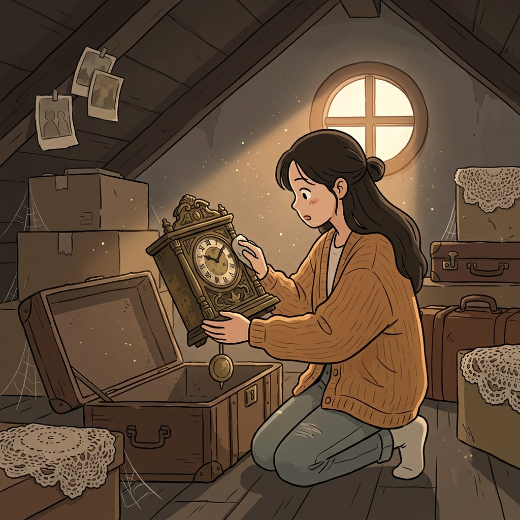 She found a dusty antique clock in her grandmother's attic.