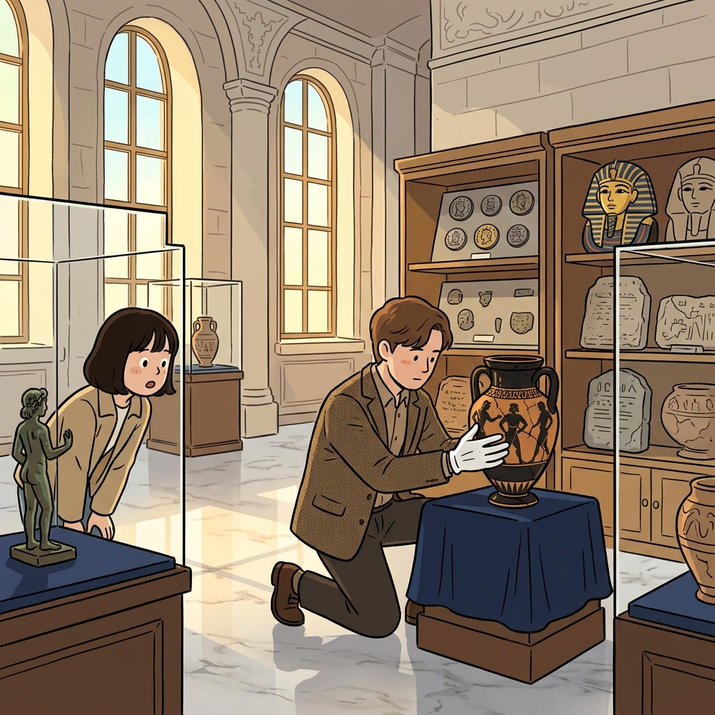 The museum's hall of antiquity displays Roman coins, Greek vases, and Egyptian masks.