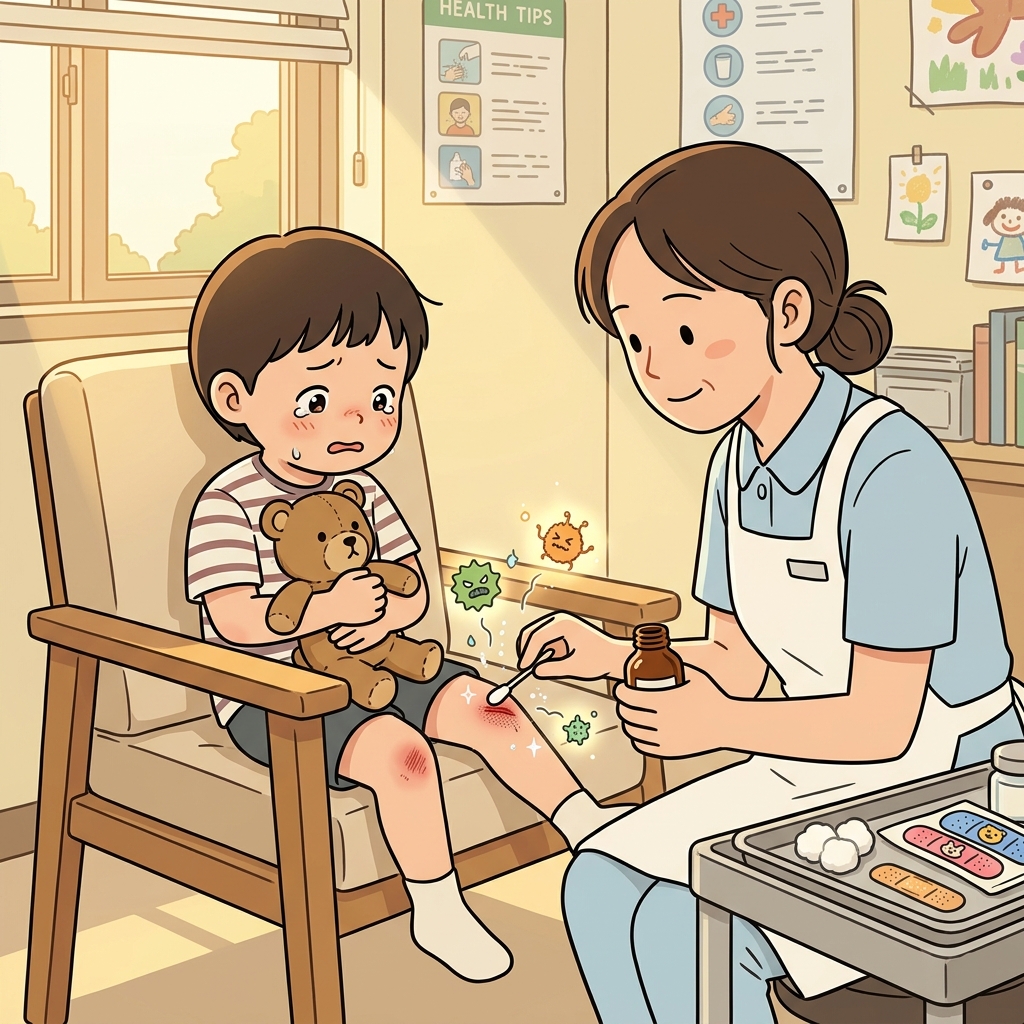 The nurse applies antiseptic to the child's scraped knee before bandaging it.