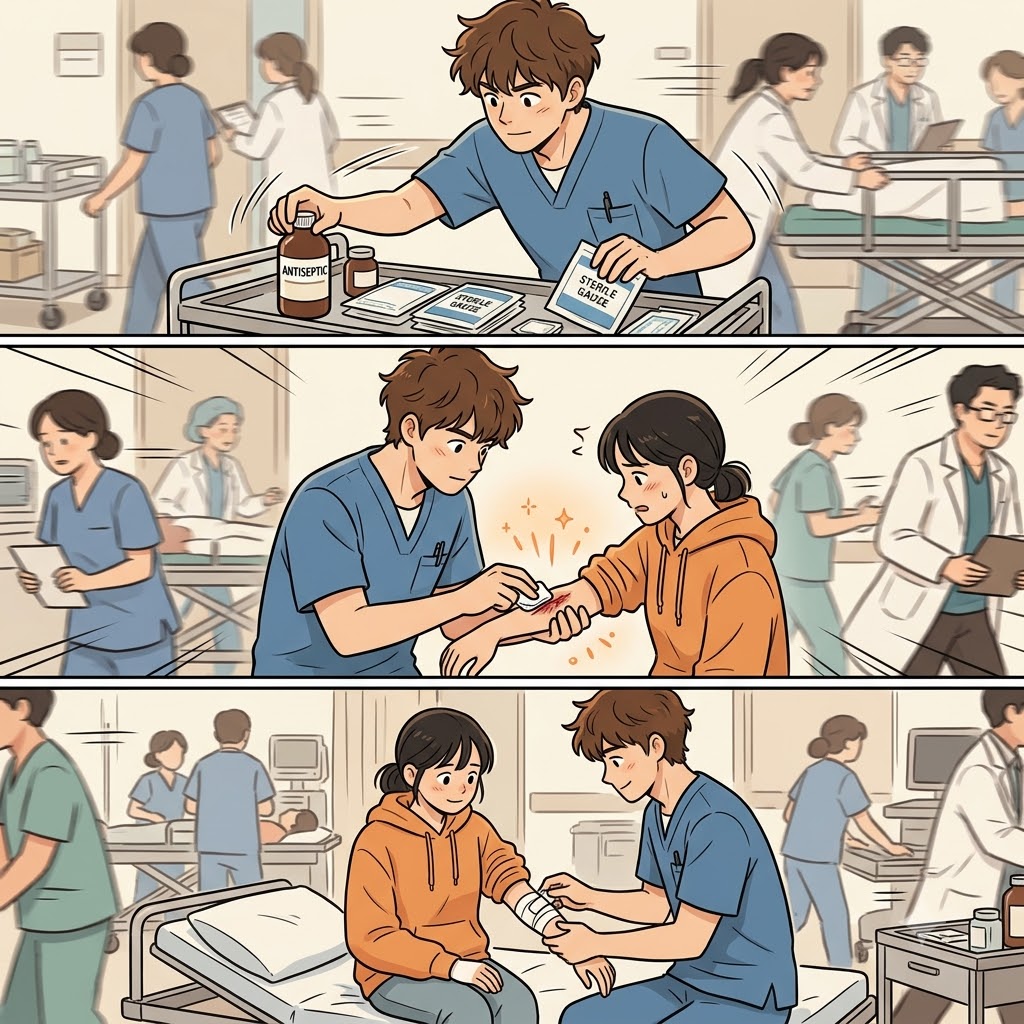 The antiseptic kept the wound from becoming septic during the hectic emergency.