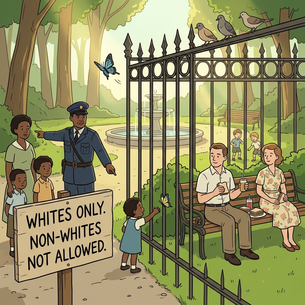 Under apartheid, separate benches divided people by skin color in the same park.