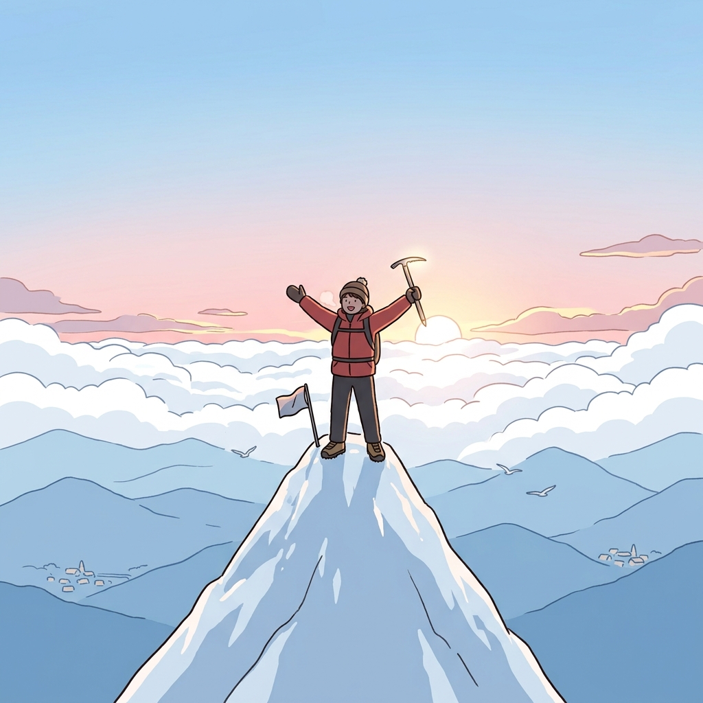 The climber reaches the apex of the mountain at sunrise.