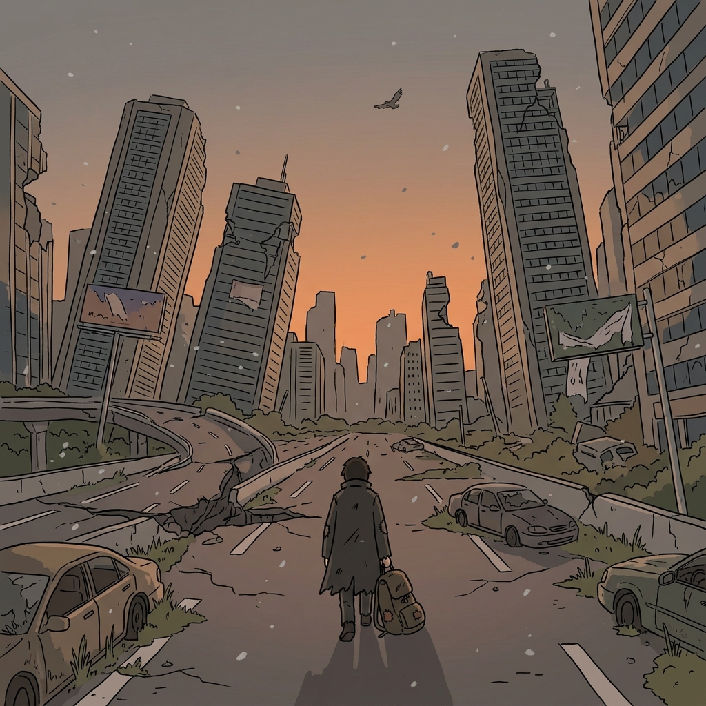 After the apocalypse, a lone wanderer walks through the ruins of a fallen city.