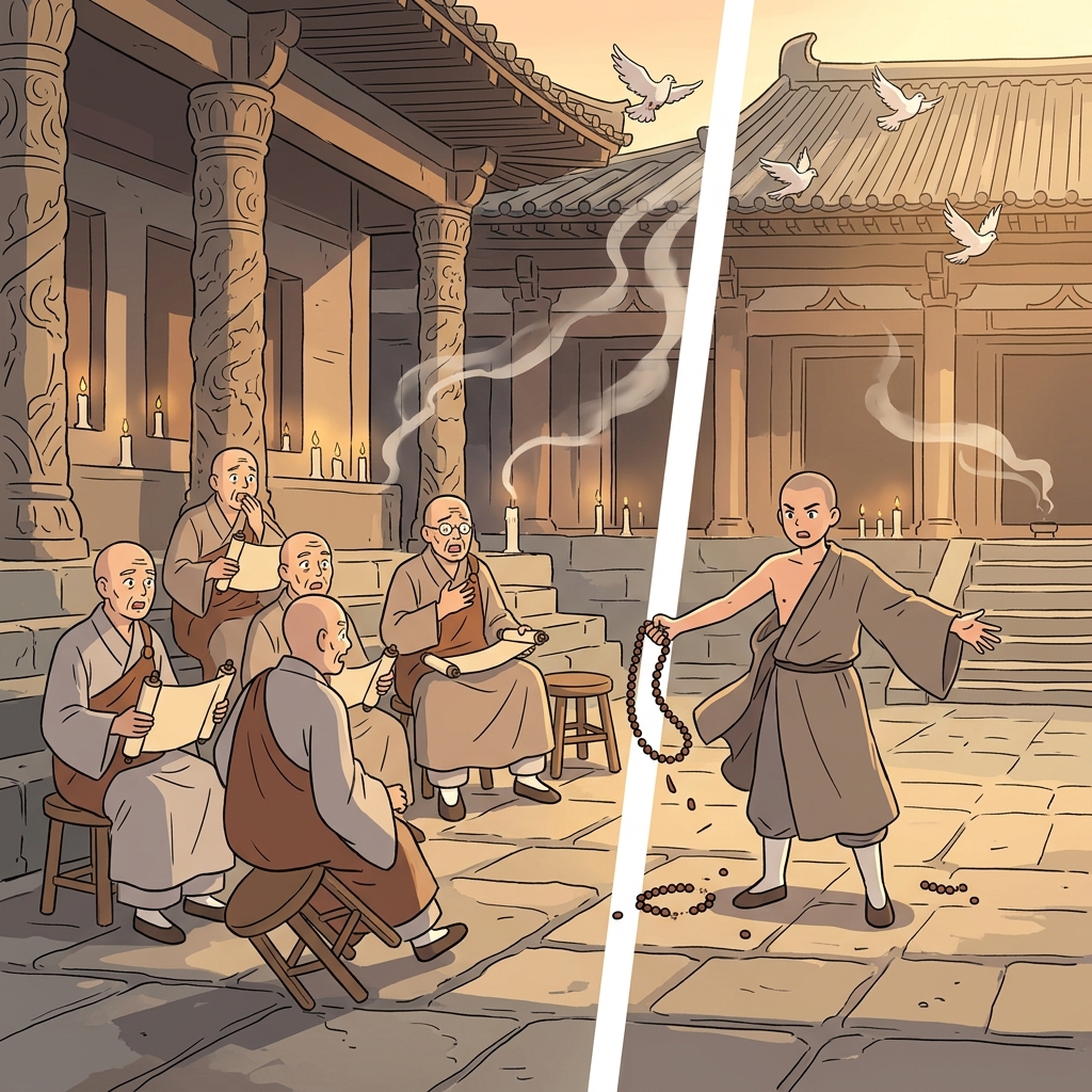 젊은 수도사가 사원 앞에서 신앙을 버리겠다고 선언하자 장로들이 충격에 빠진다.