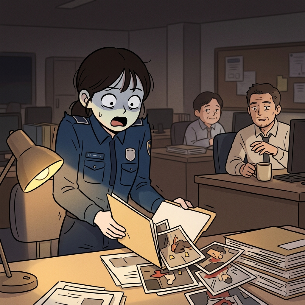 The crime scene photos appall the rookie detective on her very first day.