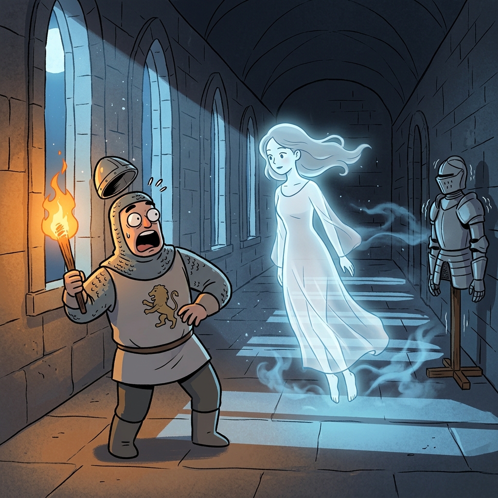 A ghostly apparition drifts through the moonlit castle hallway, startling the night guard.