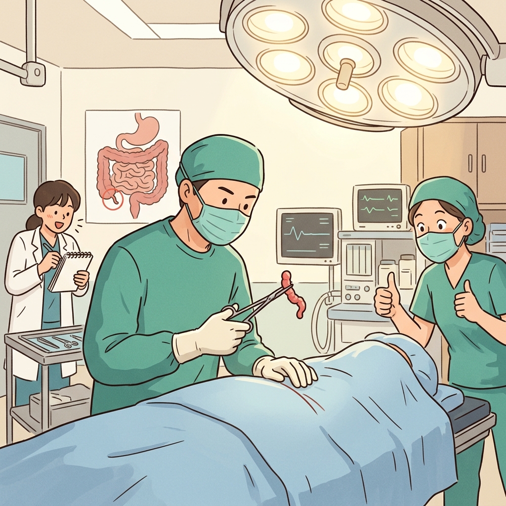The surgeon carefully removes the inflamed appendix from the young patient.