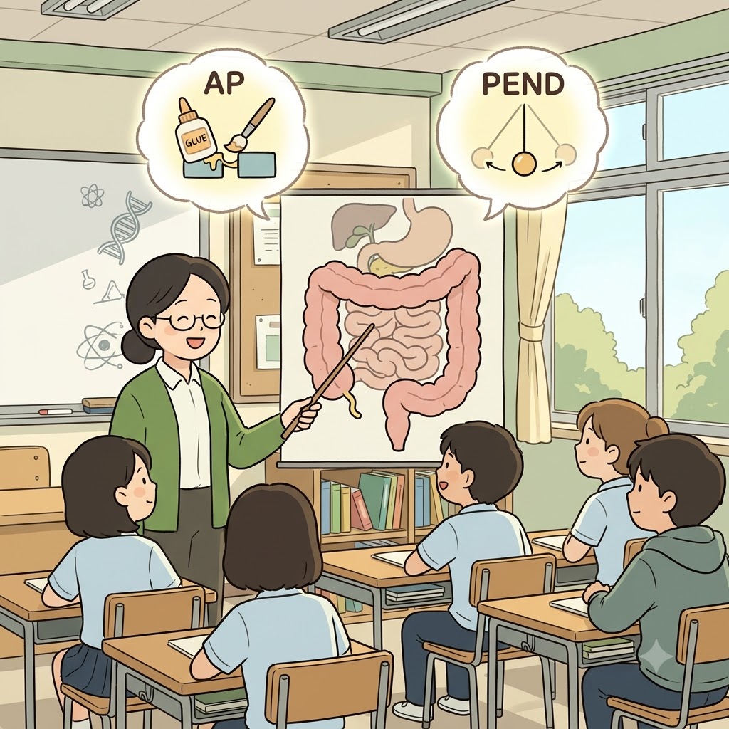 AP(to) + PEND(hang) — the biology teacher showed how the tiny tube was designed to PEND(hang) AP(to) the large intestine, forming the human appendix.