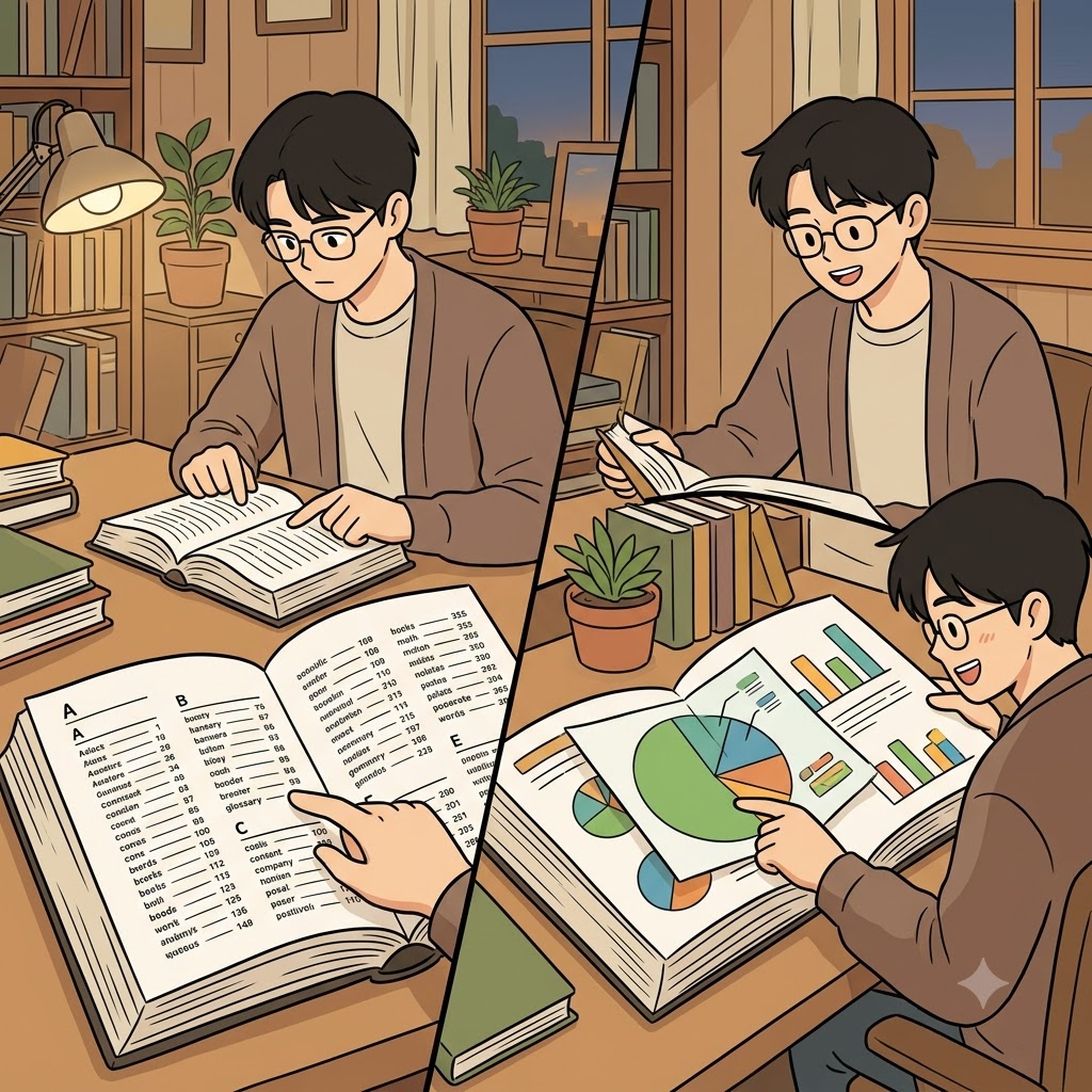 After checking the alphabetical index at the front, the reader flipped to the back to find the extra charts in the appendix.