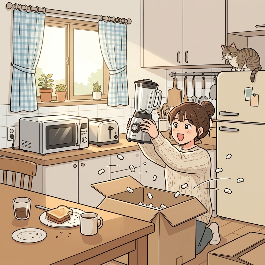 She unboxes a shiny new appliance and her kitchen suddenly feels modern.