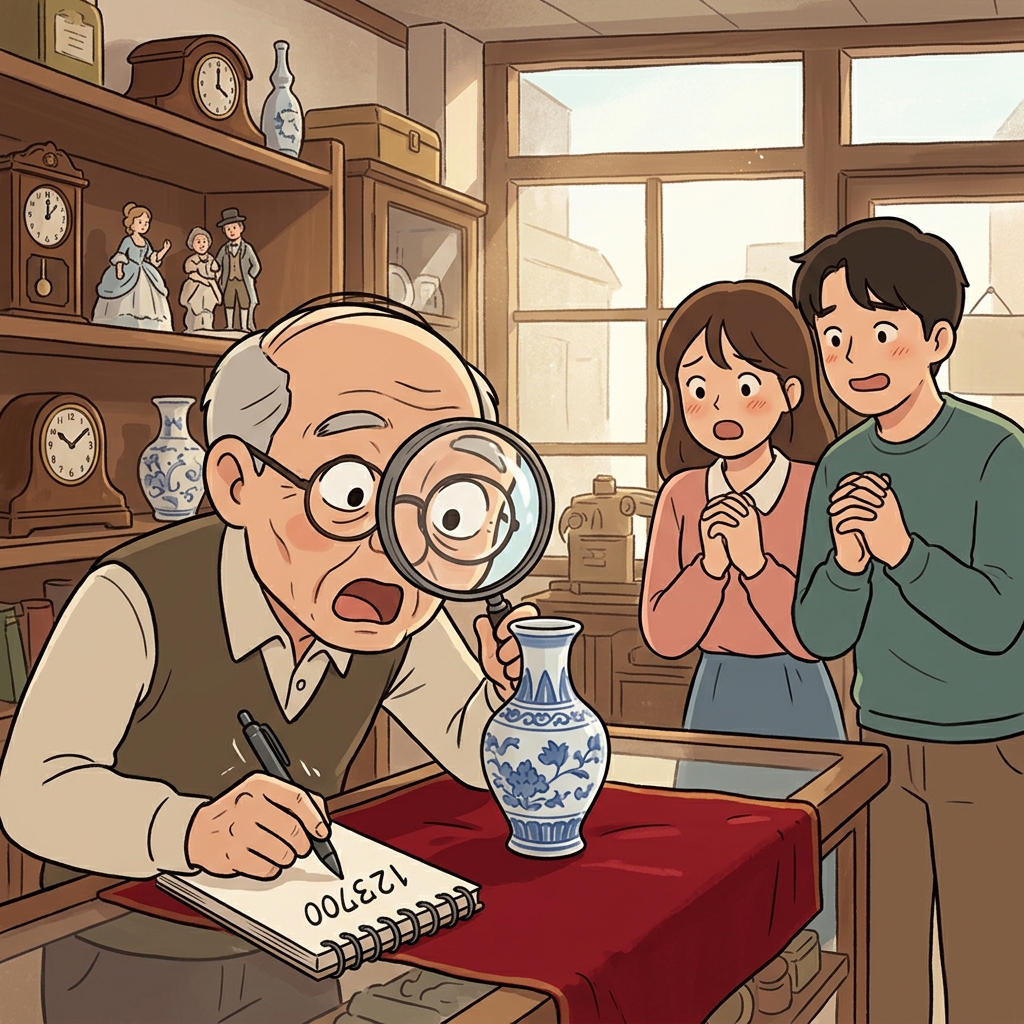 The antique dealer's careful appraisal reveals the old vase is worth a fortune.
