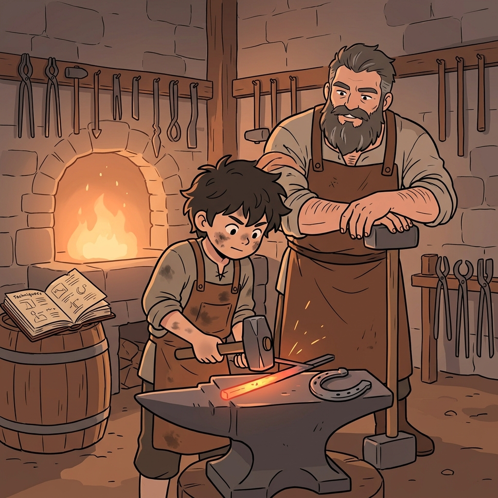 The young apprentice carefully hammers iron while the master blacksmith watches.
