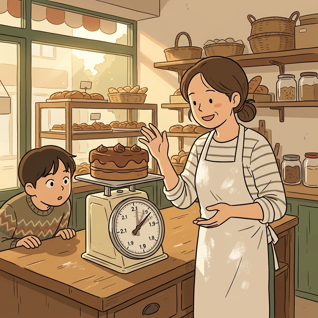 The baker says the cake weighs approximately two kilograms as she sets it on the scale.