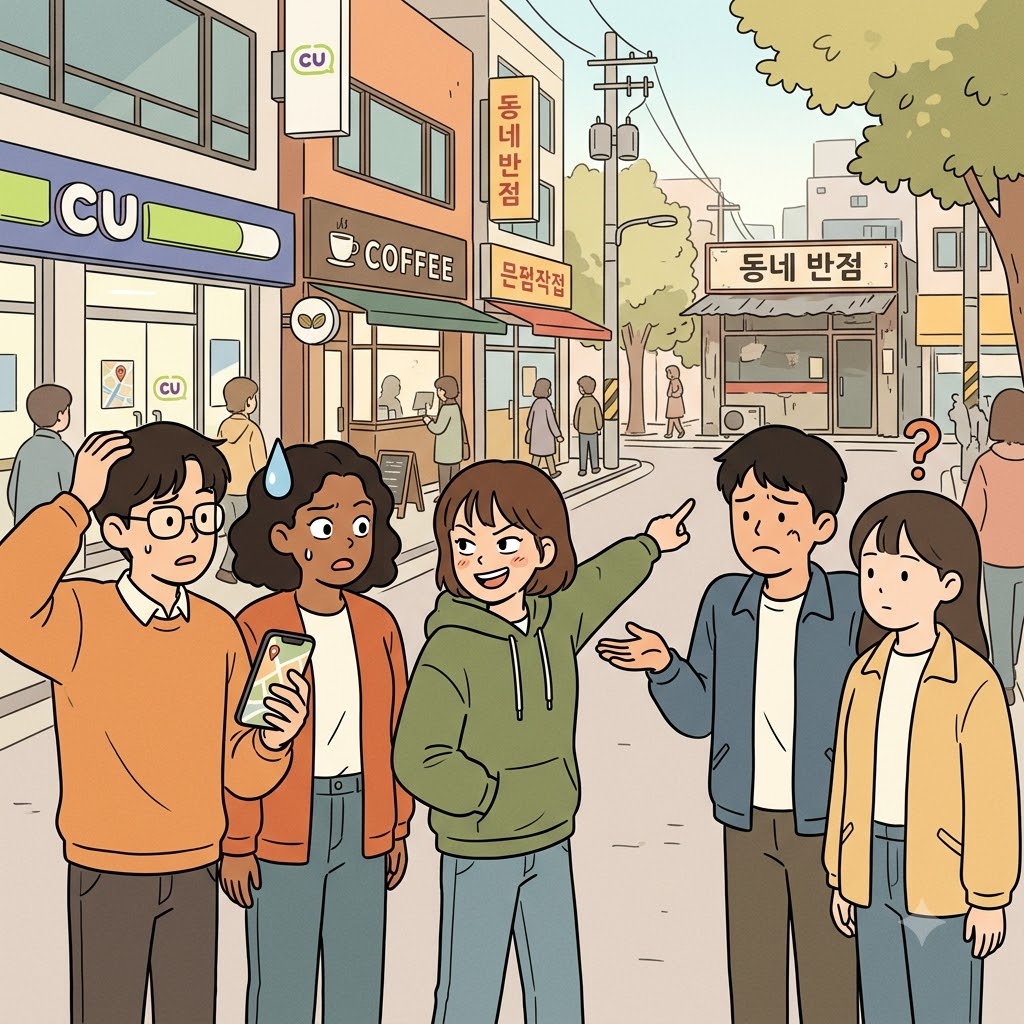 친구들은 "아, 부르지?"라고 웃었고, 그는 아무 상의도 없이 식당 하나를 마음대로 불렀다(arbitrarily). ("아, 부르지?" → 아무 기준도 없이 마음대로 하나를 불러 버린다)