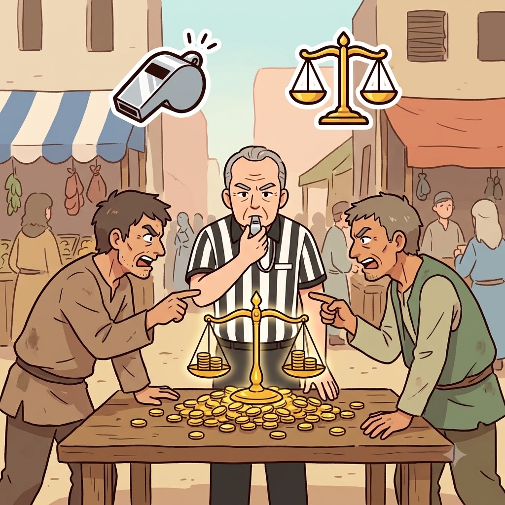 ARBIT(referee) + RATIO(equal share) — the referee's fair 50:50 decision became successful arbitration.