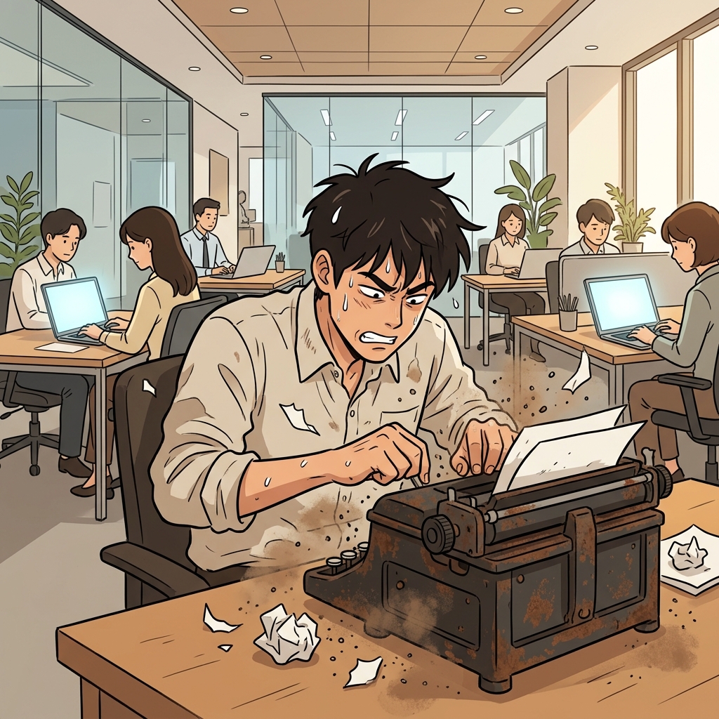 The frustrated employee aggressively smashed the keys of the archaic typewriter, while everyone else used sleek laptops.