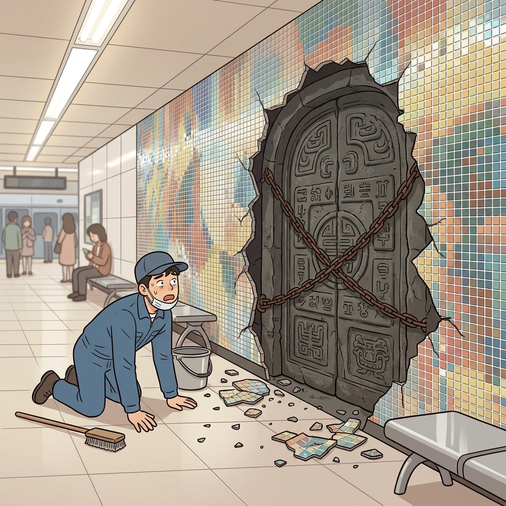 Aggressively scrubbing the colorful mosaic, the cleaner accidentally revealed a heavy, archaic stone door hidden behind it.