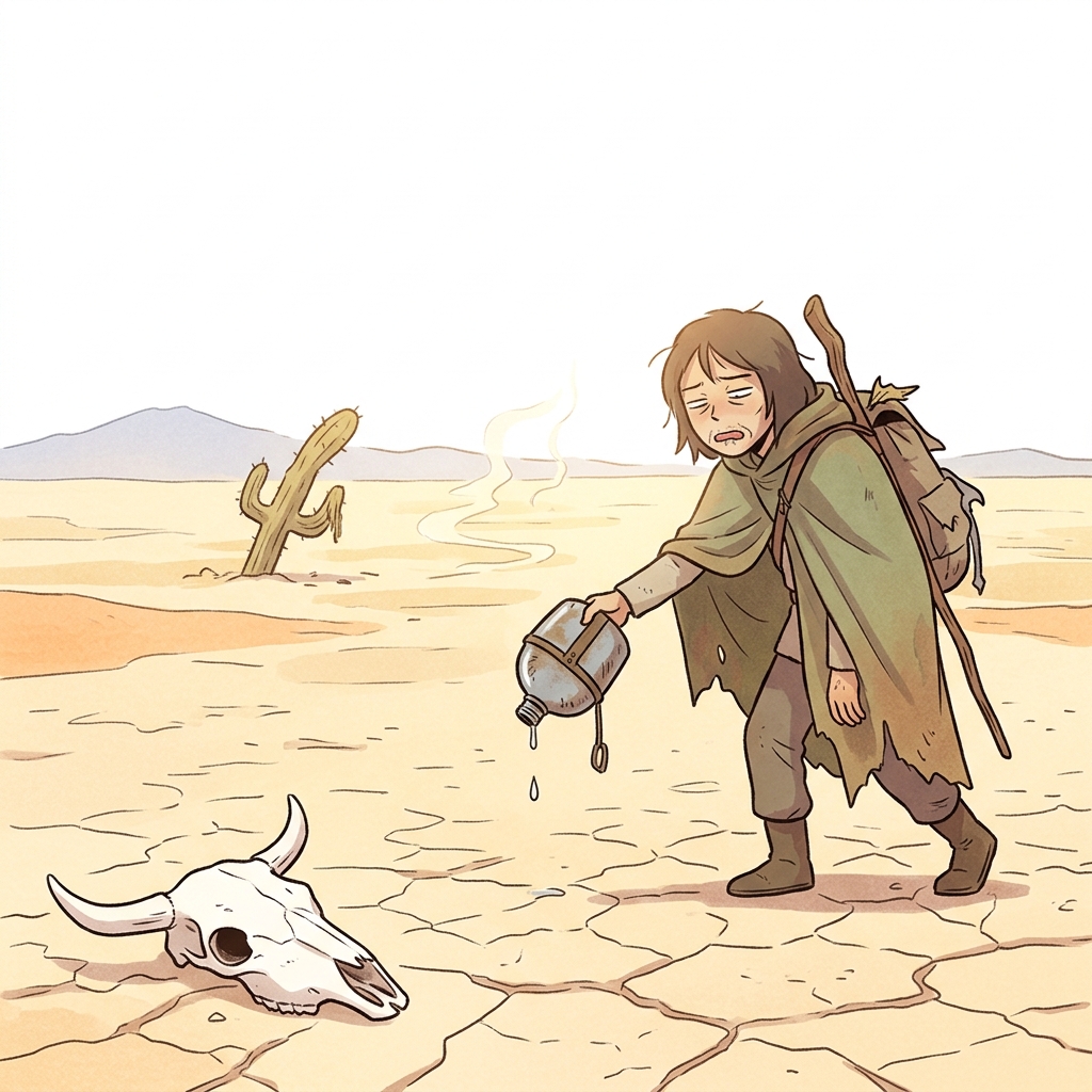 The arid desert stretched endlessly with cracked earth and no sign of water.
