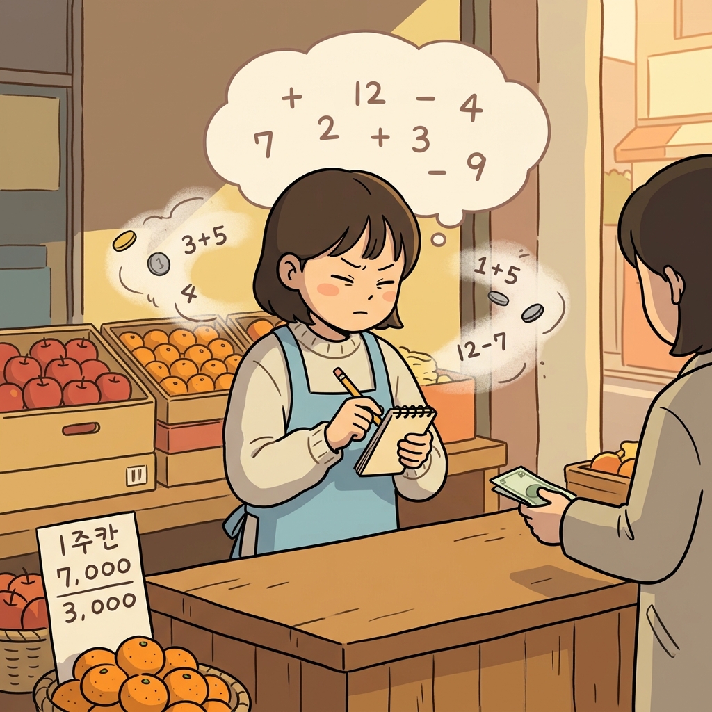 어린 가게 주인이 잔돈을 계산하려고 빠르게 암산한다.