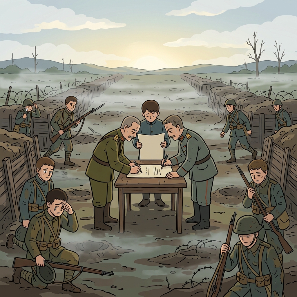 Generals from both sides sign an armistice as soldiers lower their rifles.