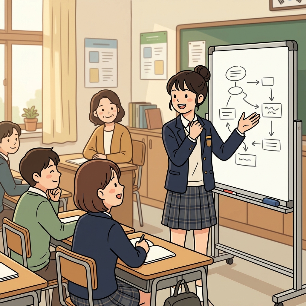 말을 잘하는 학생은 모든 질문에 자신 있게 답했다. ("아~ 티 나게!" → 말을 또렷하게 해서 티가 난다)
