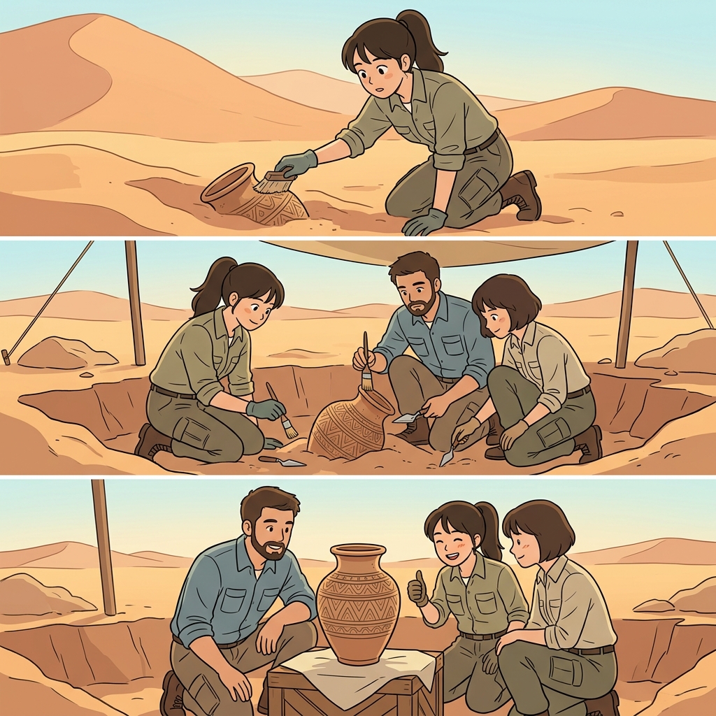 The archaeologists discovered an artifact, excavated the site, and celebrated the historic find.