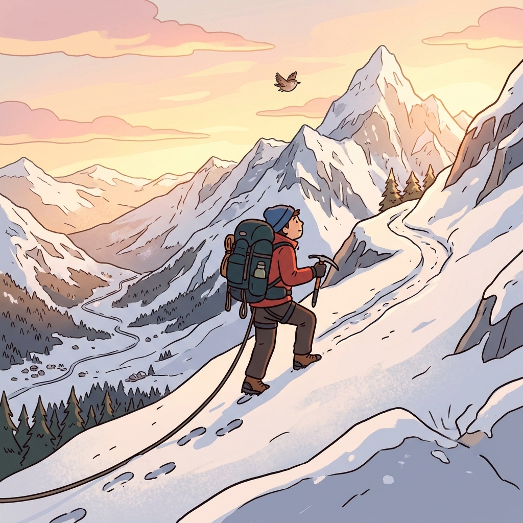 The mountaineer slowly began to ascend the snowy peak at sunrise.