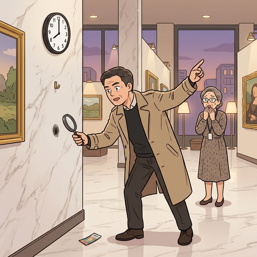 The detective ascertains the exact time the painting disappeared from the gallery.