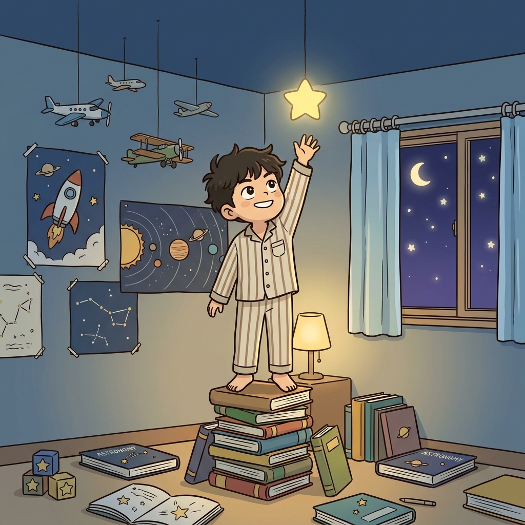 The aspiring astronaut reached toward the stars every night.
