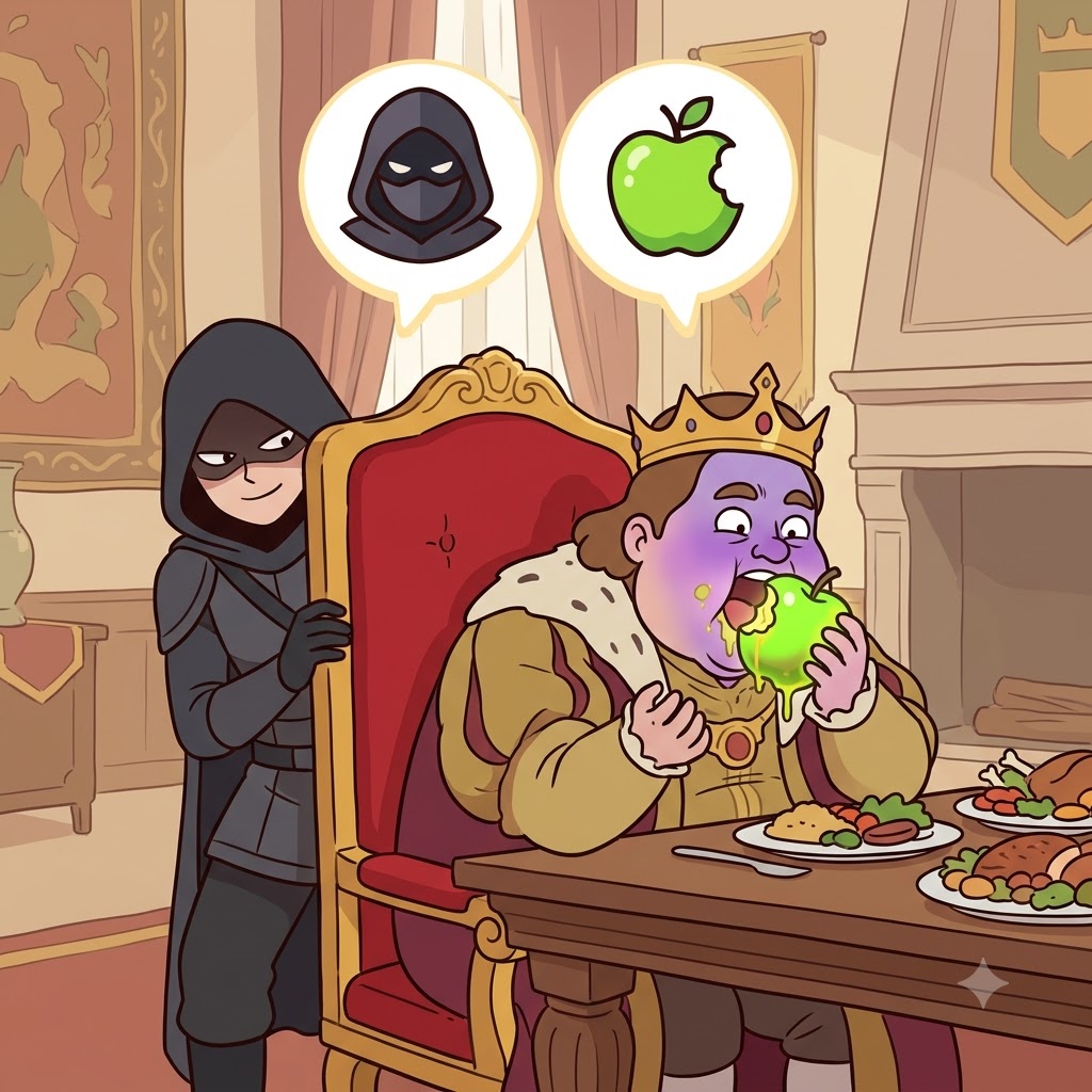 왕이 독사과를 먹는 동안, 암살자(ASSASSIN)는 계획이 성공하는 모습을 지켜보며 미소 지었다.
