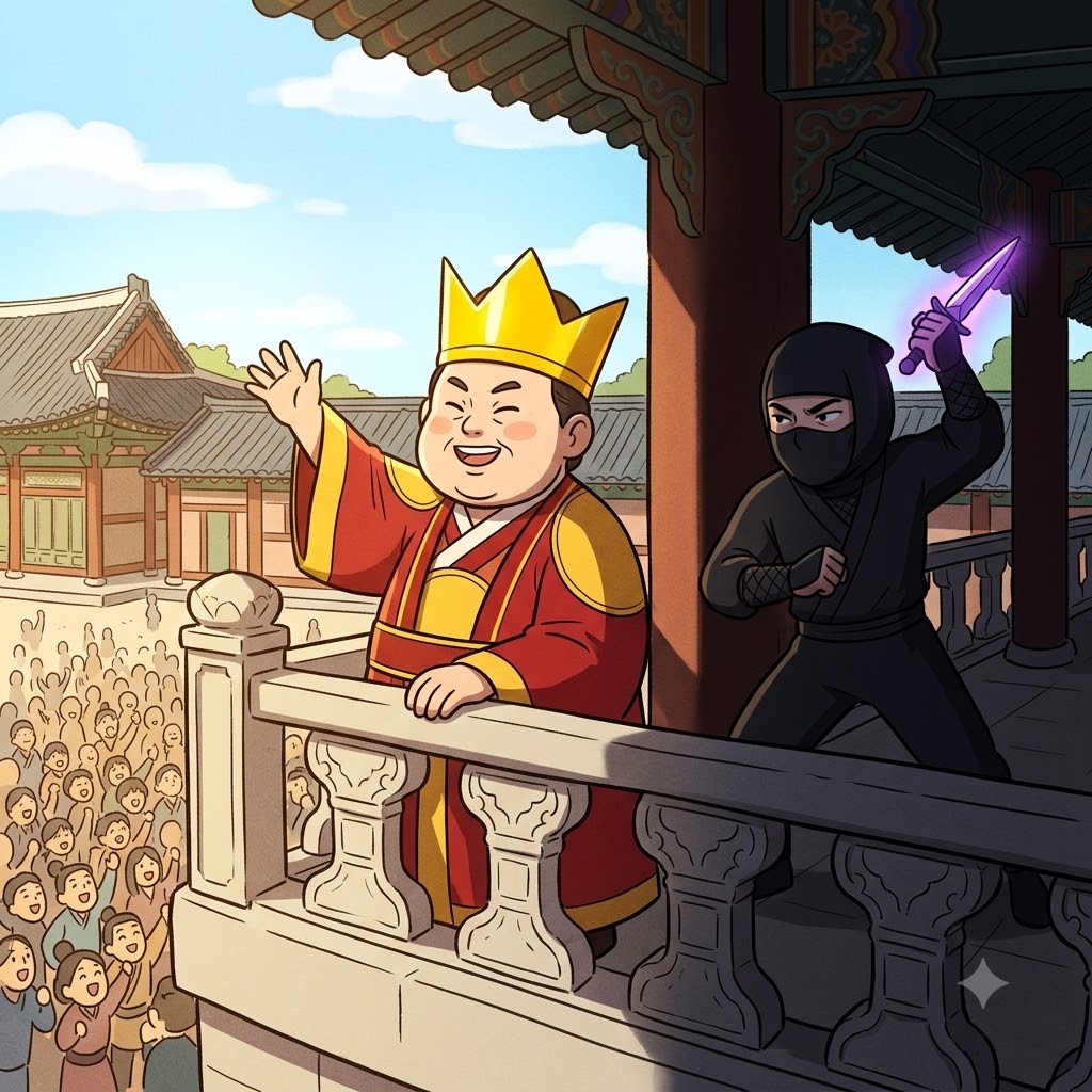 오만한 왕이 군중에게 자랑스럽게 손을 흔드는 동안, 등 뒤에서는 어두운 그림자가 그를 암살할(assassinate) 준비를 하고 있었다.