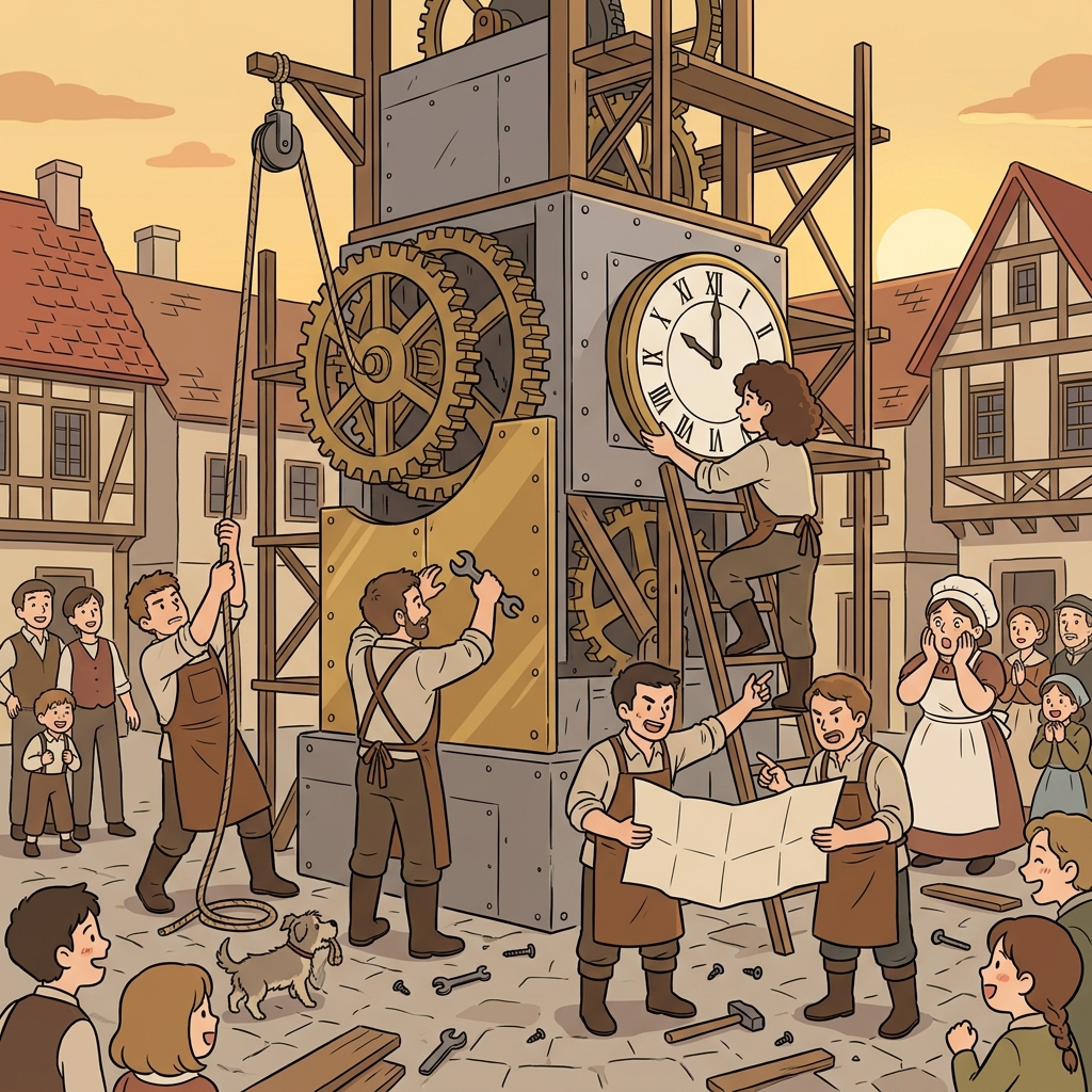 Workers assemble the giant clock tower piece by piece on the town square.