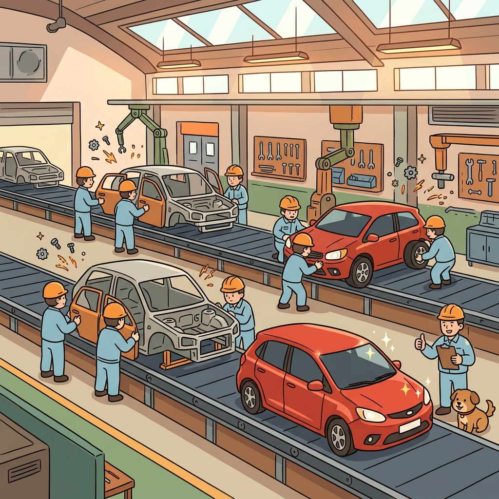 Workers on the factory line complete the assembly of a shiny new car.