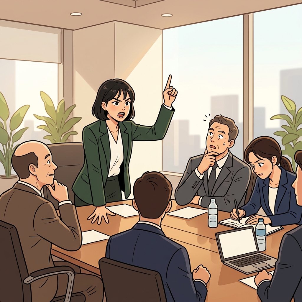 She stood up to assert her opinion firmly in the heated boardroom debate.