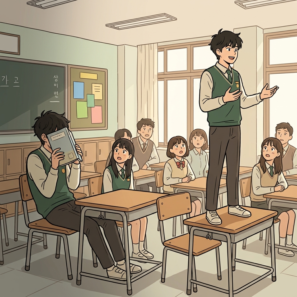Tired of being passive, he stood on his desk to make an assertive speech.