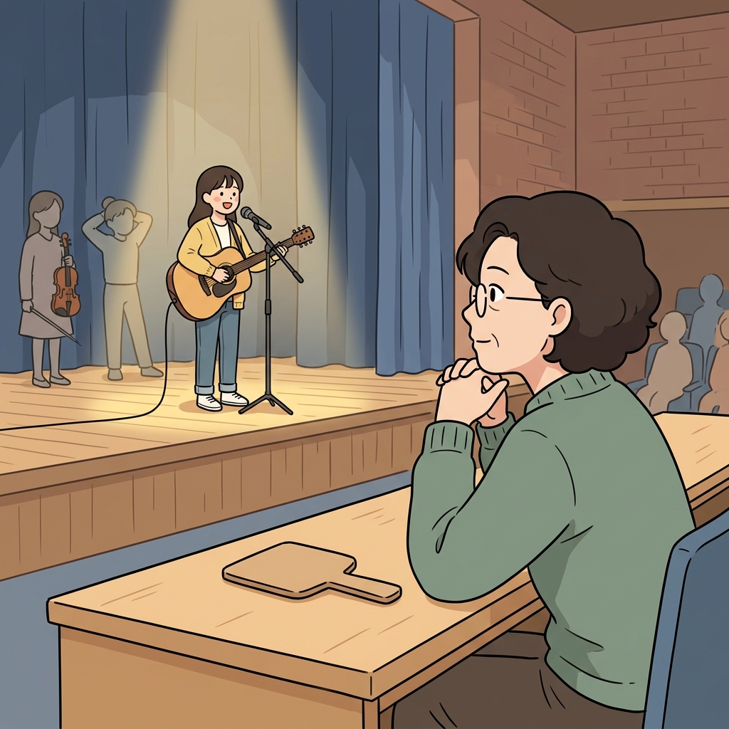 The judge's final assessment came only after watching every performance carefully. ("Pause. Observe. Assessment." → Careful observation leads to a fair assessment.)
