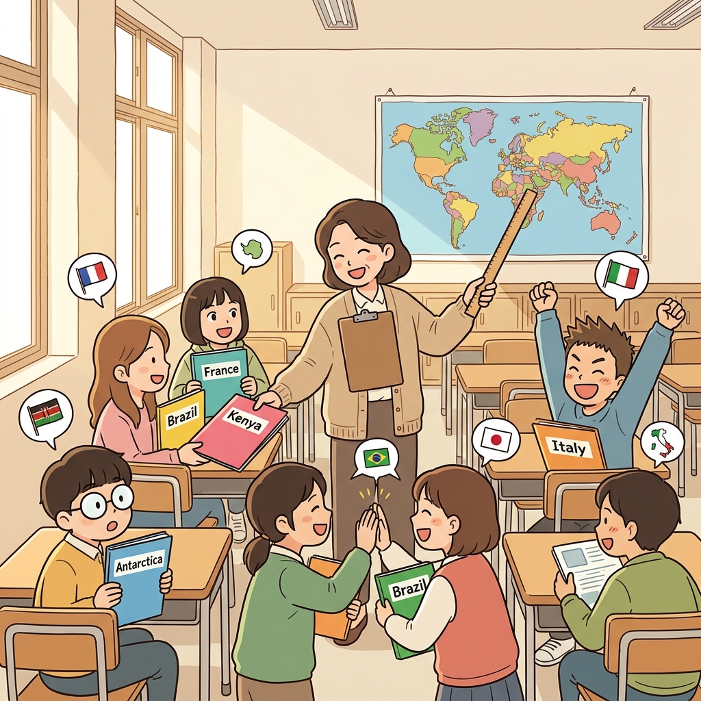 The teacher assigns each student a different country to research.
