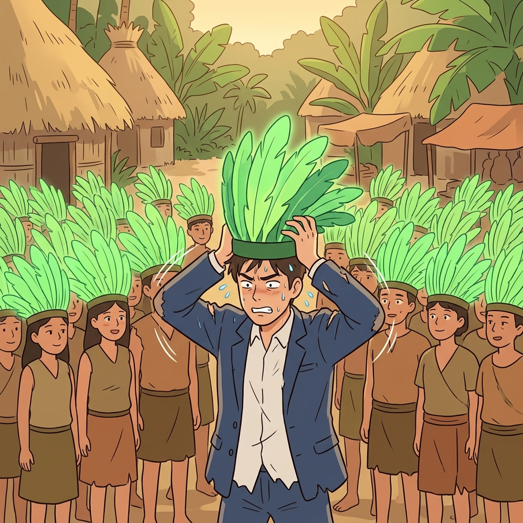 The desperate traveler aggressively slapped the giant green feathered hat onto his head to completely assimilate into the local tribe.