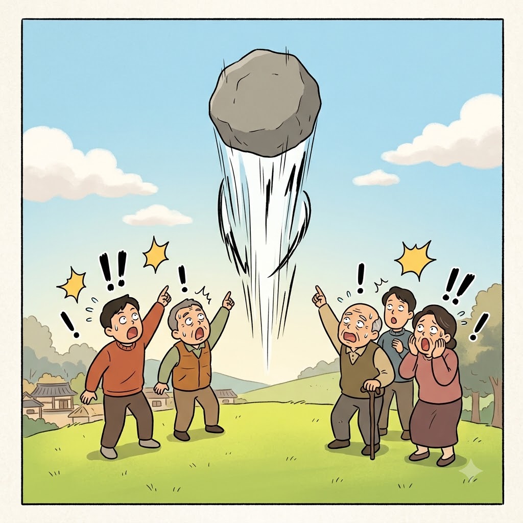 놀랍게도(astonishingly), 거대한 바위가 하늘로 곧장 솟아올랐다. ("어(a) 스톤(stone) 쉬익")