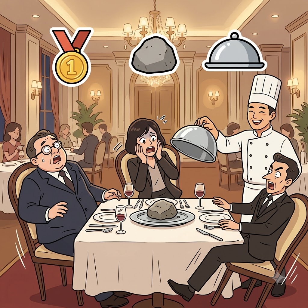 A(하나의) + STON(돌) + ISH(접시) — 놀랍게도(astonishingly), 셰프는 고급 접시 위에 돌 하나를 내놓았다.