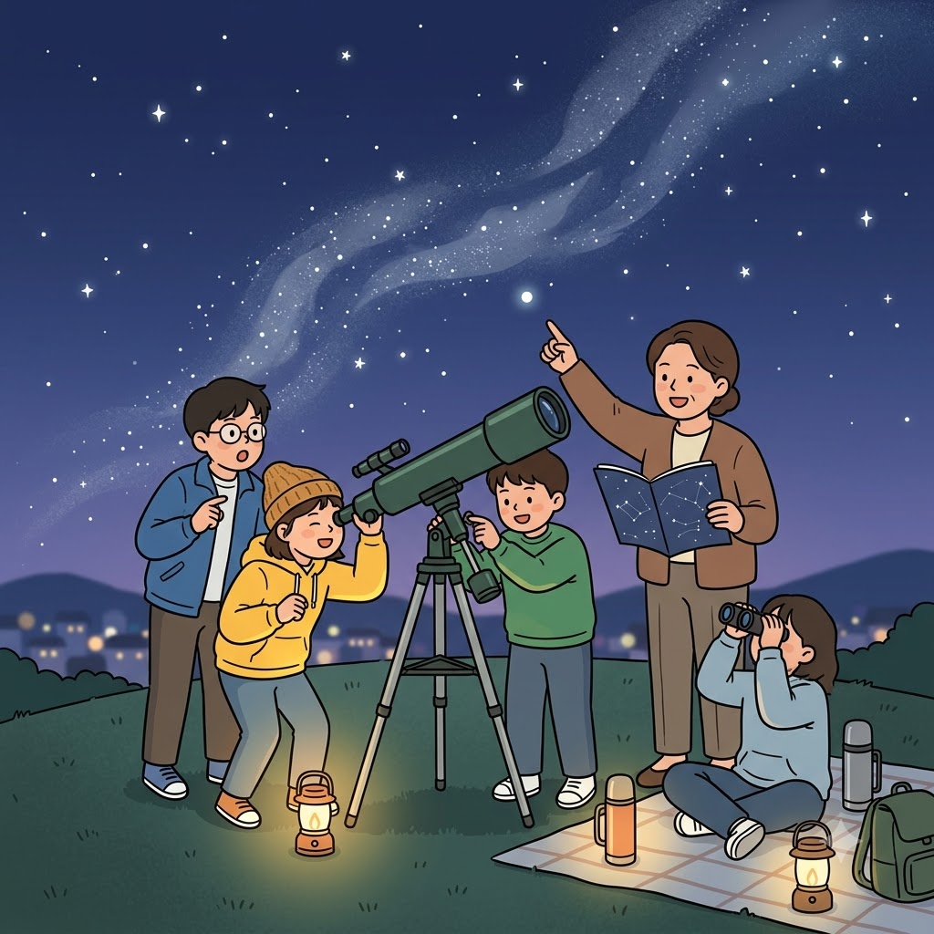 학생들은 밤하늘 아래에서 망원경으로 천문학(astronomy)을 공부했다.