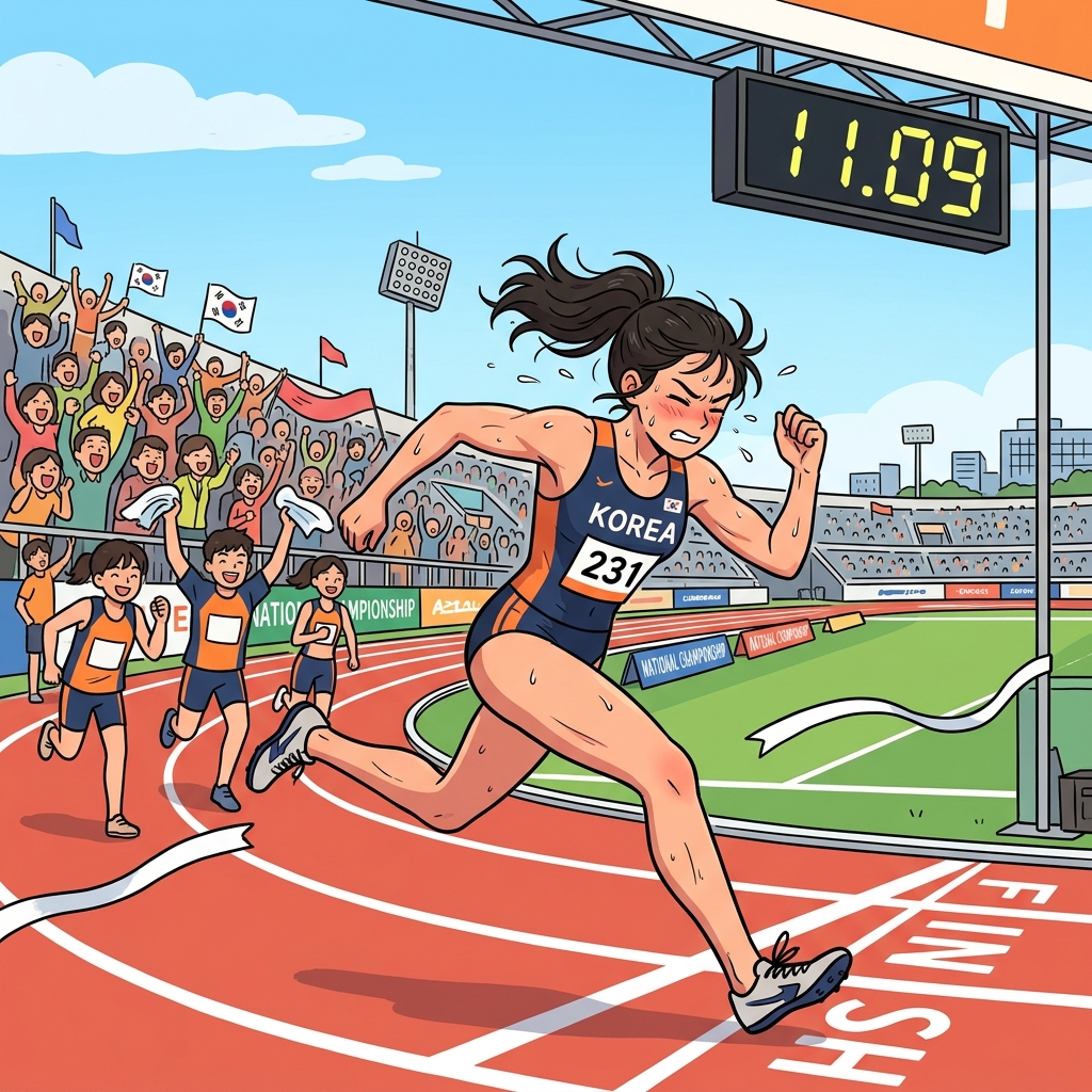 The athlete sprints across the finish line, breaking her personal record.