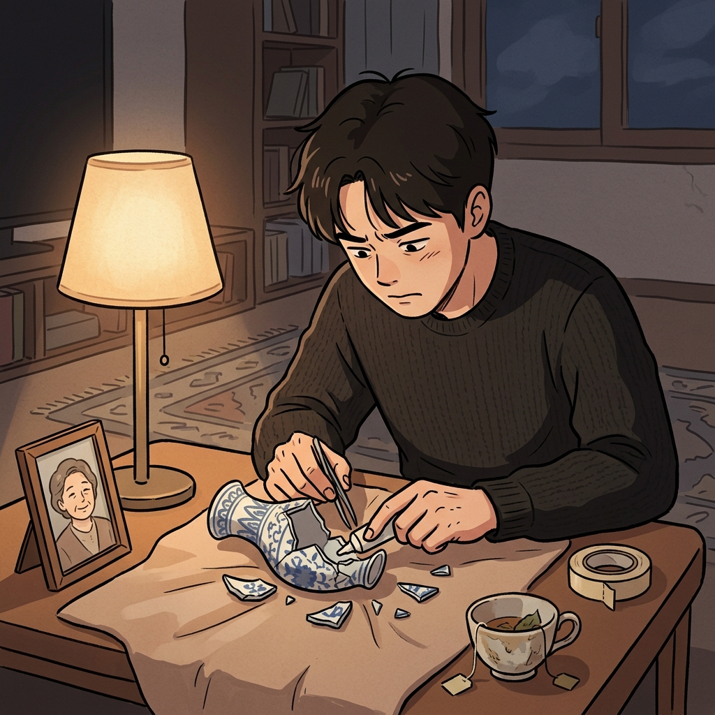 그는 깨뜨린 꽃병을 밤새 고치며 잘못을 갚으려 한다.