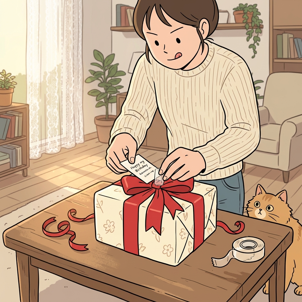 She carefully attached a handwritten note to the birthday gift.