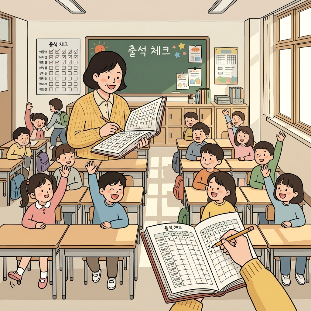 The teacher checks attendance as students raise hands one by one.