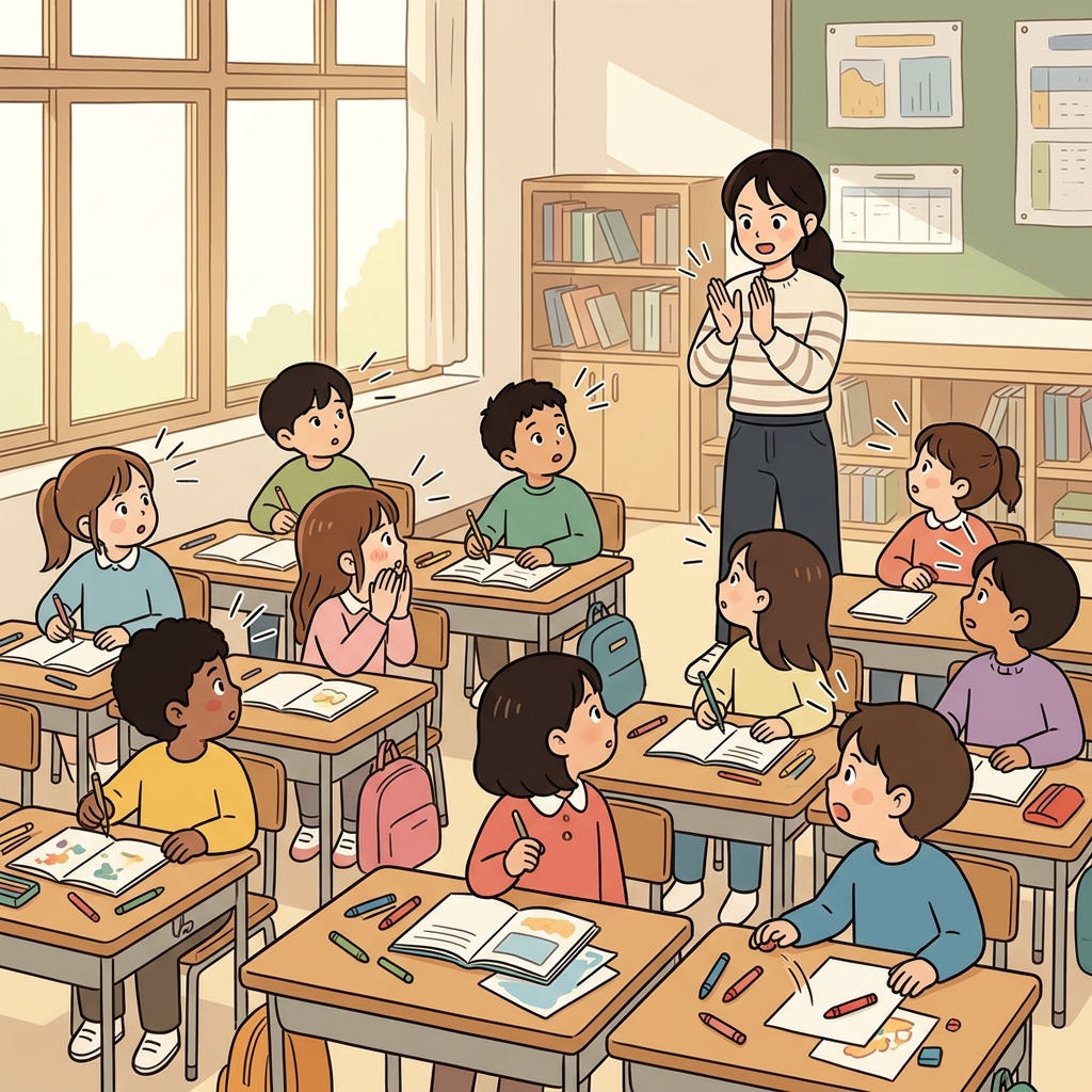 The teacher claps once, and every student snaps to attention.